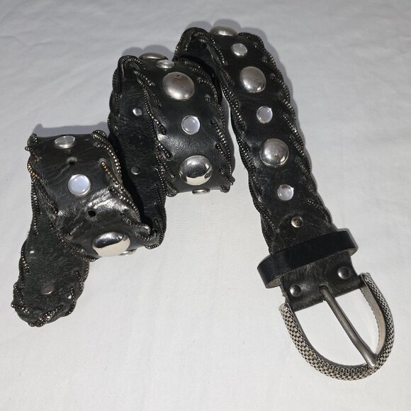 VTG Nanni Studded Black Leather Belt With Intricate Silver Buckle & Mesh Chains - Picture 10 of 11